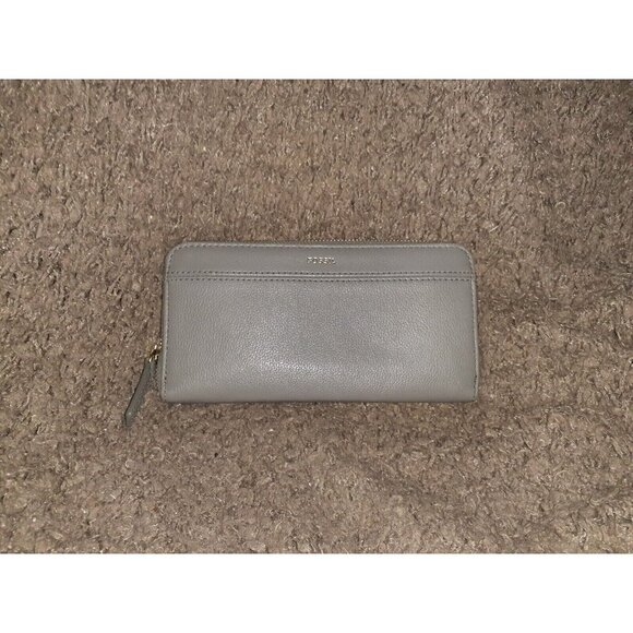 FOSSIL-HEIDI-Wallet Clutch-Gray Pebbled Leather Zip Around-Near Mint - Picture 1 of 7